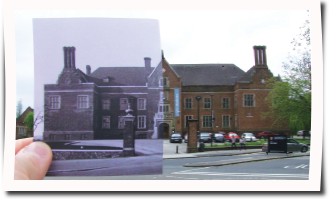 Images of Guild of Students - half black and white from old photograph and other half modern day image