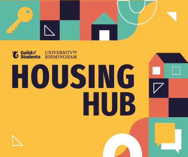 A yellow background with housing related icons that says Housing Hub
