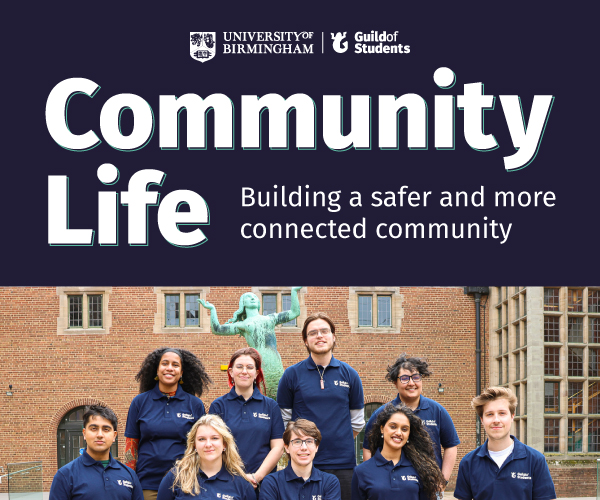 A blue background with the words Community Life - Building a safer and more connected community. There is a picture of student staff wearing blue guild t-shirts