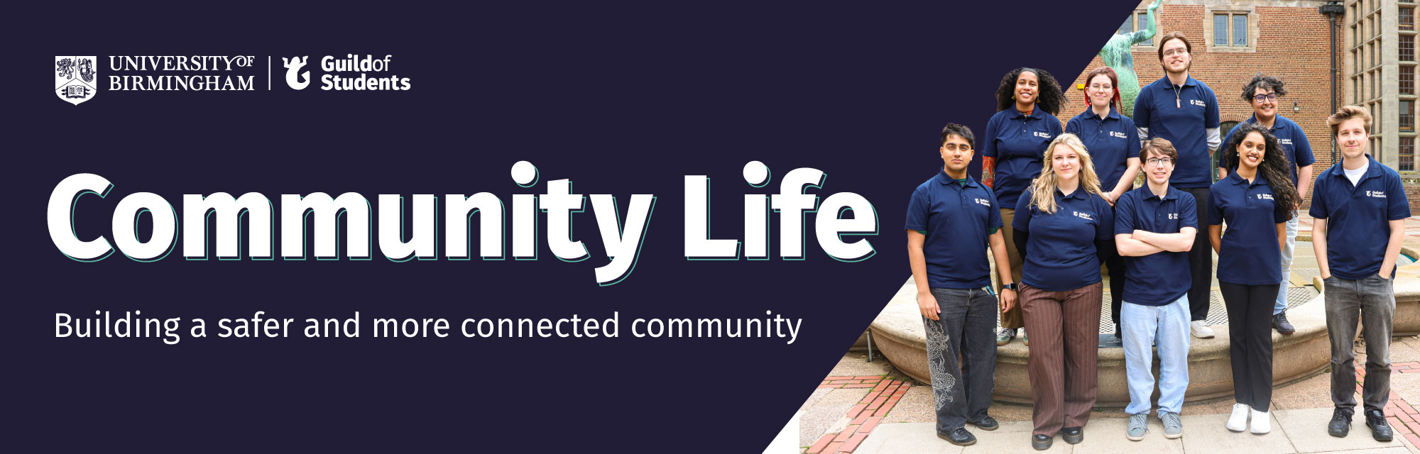 A blue background with the words Community Life - Building a safer and more connected community. There is a picture of a group of student staff wearing blue guild t-shirts