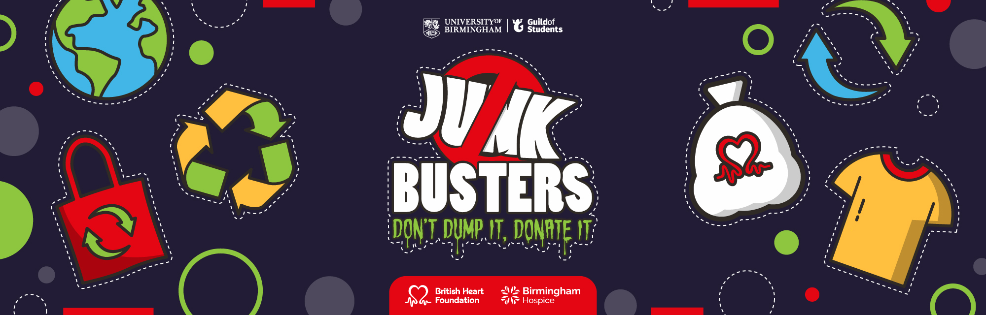 A blue background with the words Junkbusters surrounded by donatable icons such as clothes