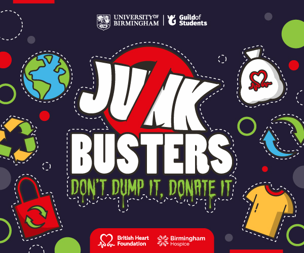 A blue background with the words Junkbusters surrounded by donatable icons such as clothes