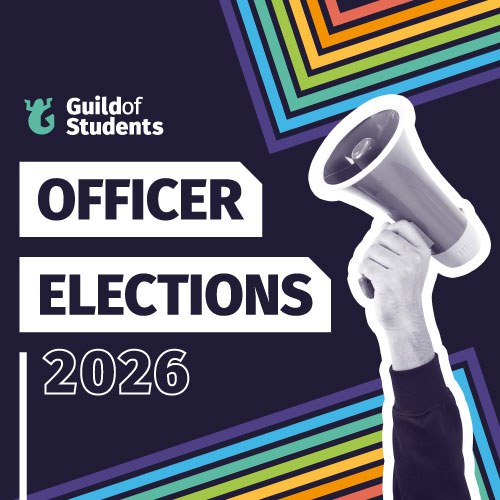 A blue background with a hand holding a megaphone that says Guild Elections