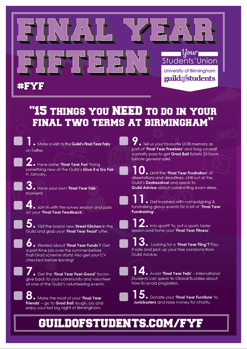 Final Year Fifteen - Guild of Students - 15 things you NEED to do in your final two terms at Birmingham