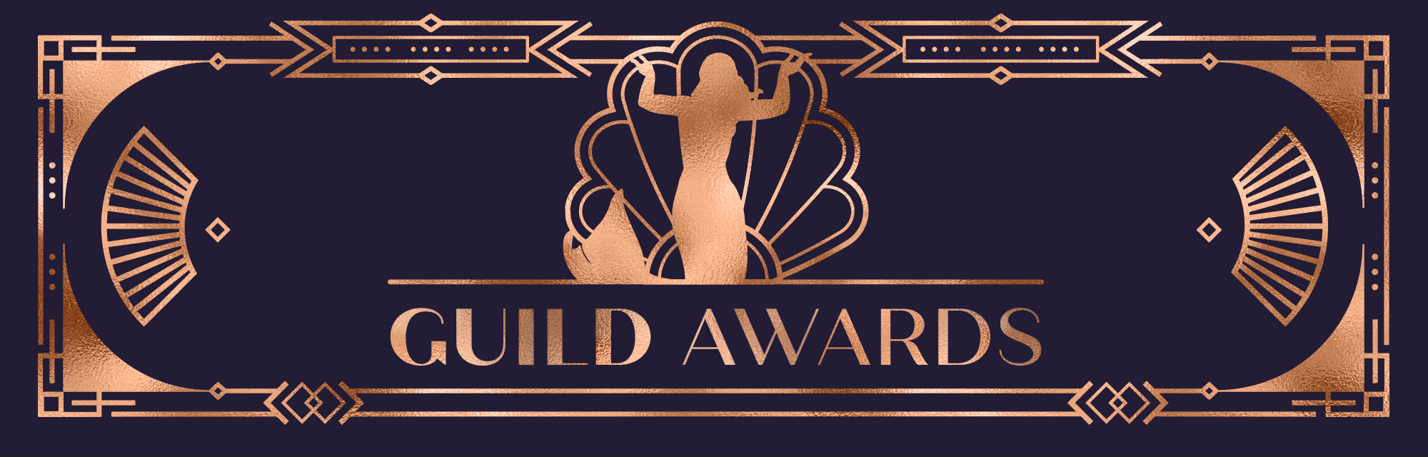 Blue background with a gold outline and a gold Mermaid in the centre with the words Guild Awards