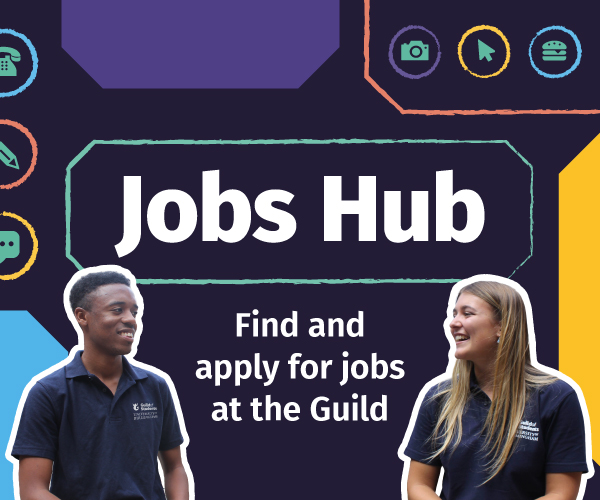 a blue background with 2 student staff members outlined with the words Jobs Hub