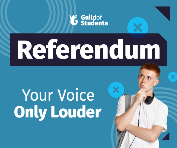 A blue background with a hand holding a megaphone that says Guild Elections