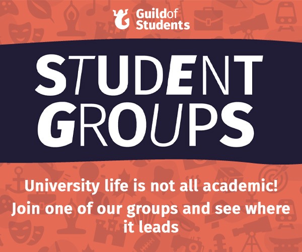 An orange background with group related icons that says Student Groups