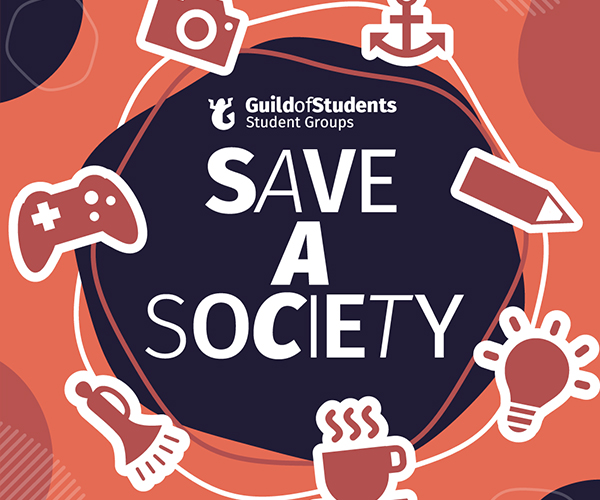 An orange background with group related icons that says Save a Society
