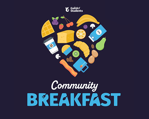 an blue graphic with icons surrounded the words Community Breakfast