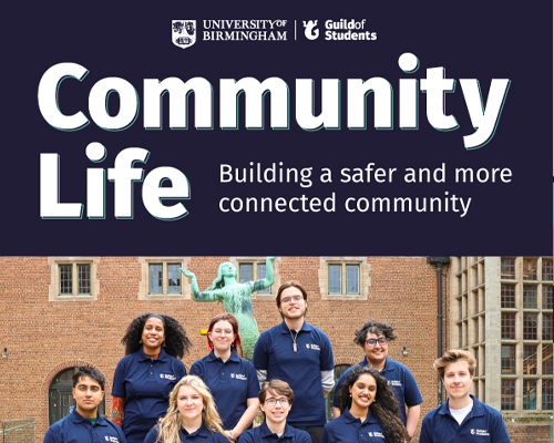 a graphic that says Community Life with student staff members