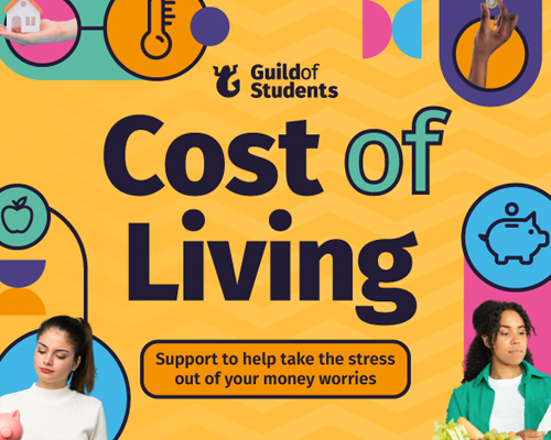 an orange graphic with icons surrounded the words Cost of Living