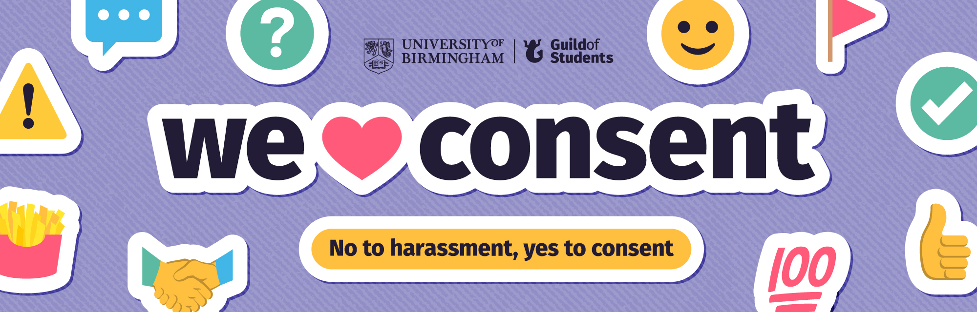 a purple graphic with consent related icons surrounding the words We Love Consent