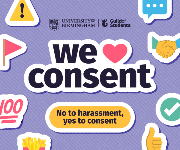 a purple graphic with consent related icons surrounding the words We Love Consent