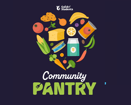 an blue graphic with icons surrounded the words Community Pantry
