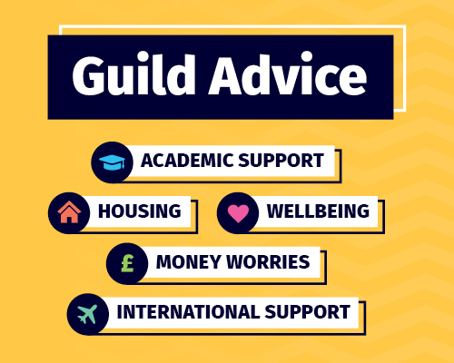 a blue graphic that says Guild Advice with 2 people talking in a photo
