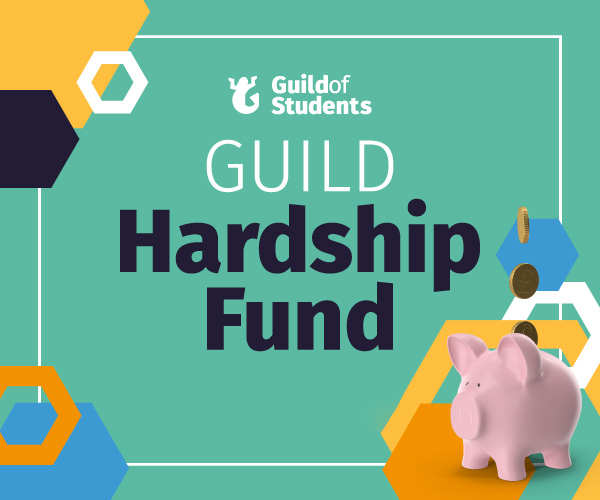 A green background with a piggy bank that says Guild Hardship Fund