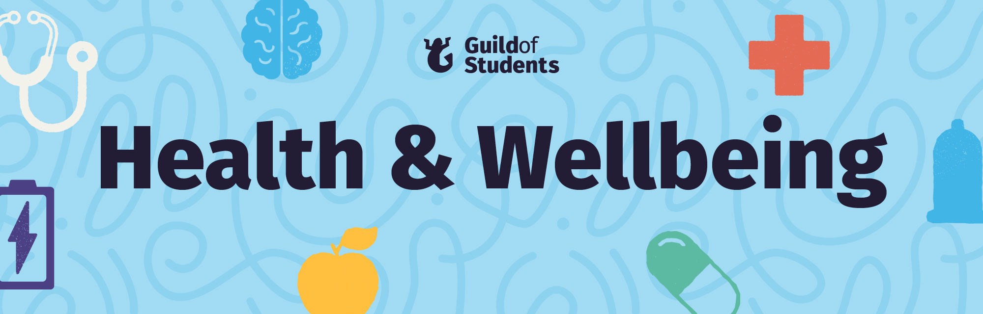 A blue background with Health related icons such as a brain and an apple, surrounding the words Health and Wellbeing in the center