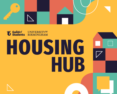 a yellow graphic with housing icons surrounding the words Housing Hub