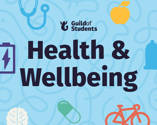 a blue graphic with health icons surrounded the words Health & Wellbeing