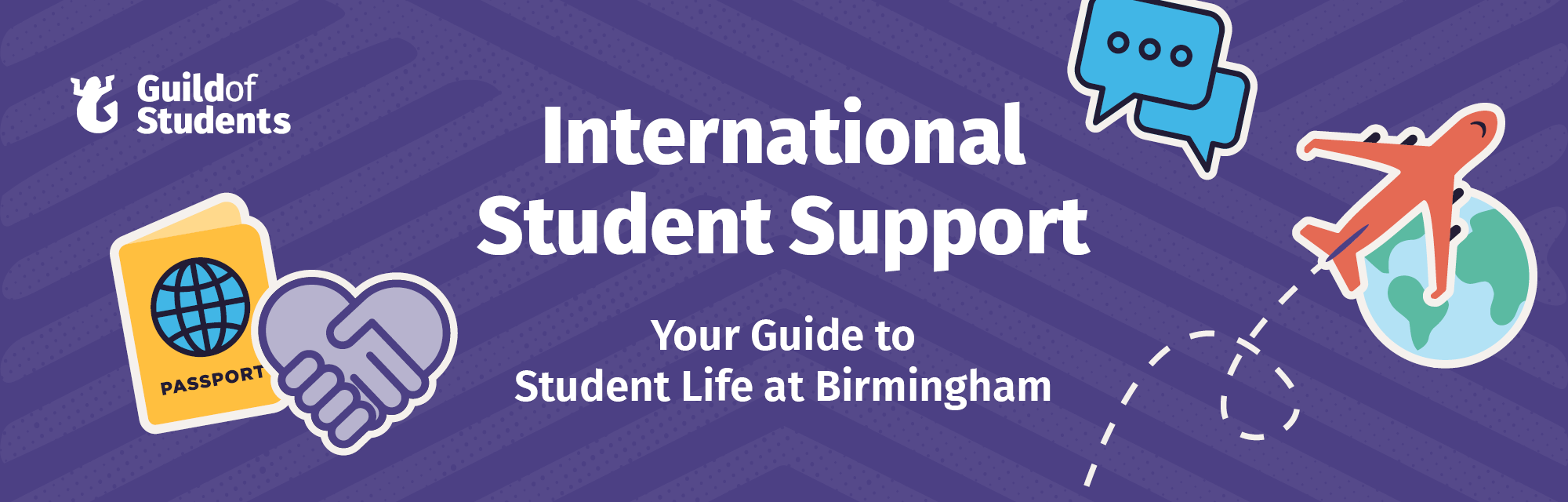 A purple background with the words International Student Support surrounded by icons such as planes