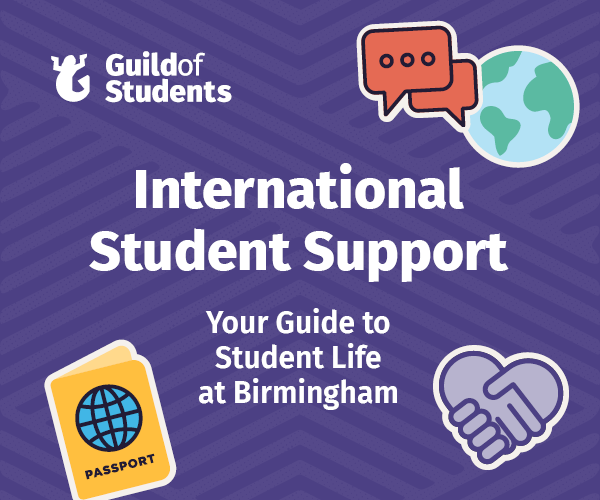 A purple background with the words International Student Support surrounded by icons such as planes