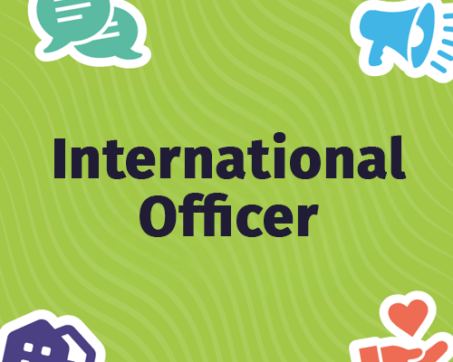a green graphic with icons surrounded the words International Officer