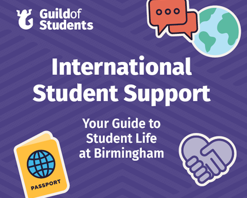 a purple graphic with icons surrounded the words International Student Support