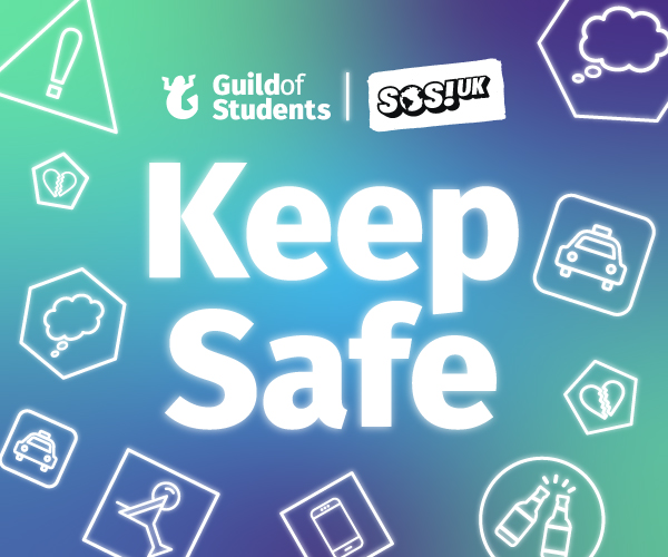 A gradient background of blue to green, with safety icons surrounded the word Keep Safe.