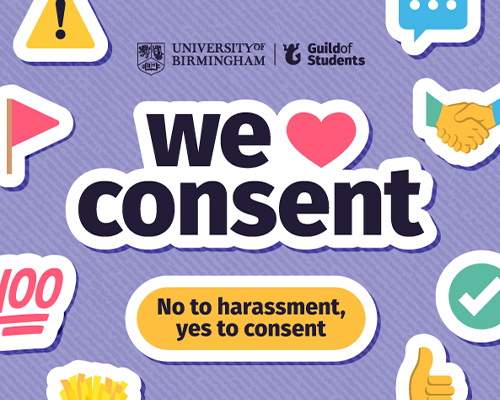 a purple graphic with consent icons surrounded the words We Love Consent