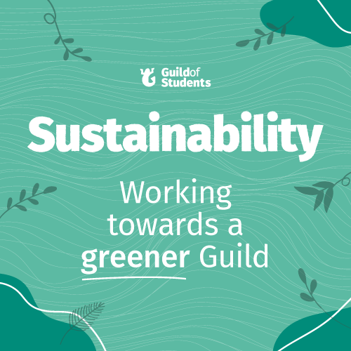 a green background with plants surrounded the words Sustainbility working towards a greener Guild