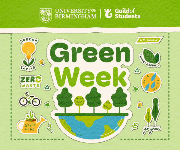 A green background with sustainability icons surrounded the word Green Week