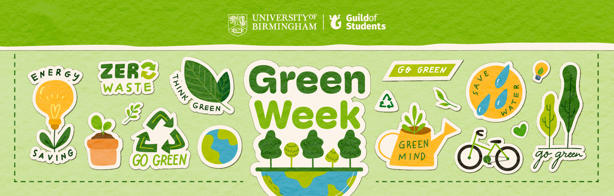 A green background with sustainability icons surrounded the word Green Week