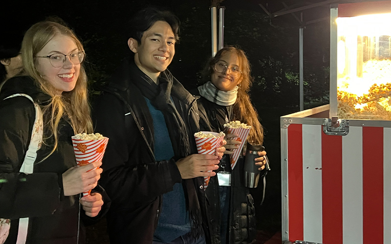 students at an open air cinema event
